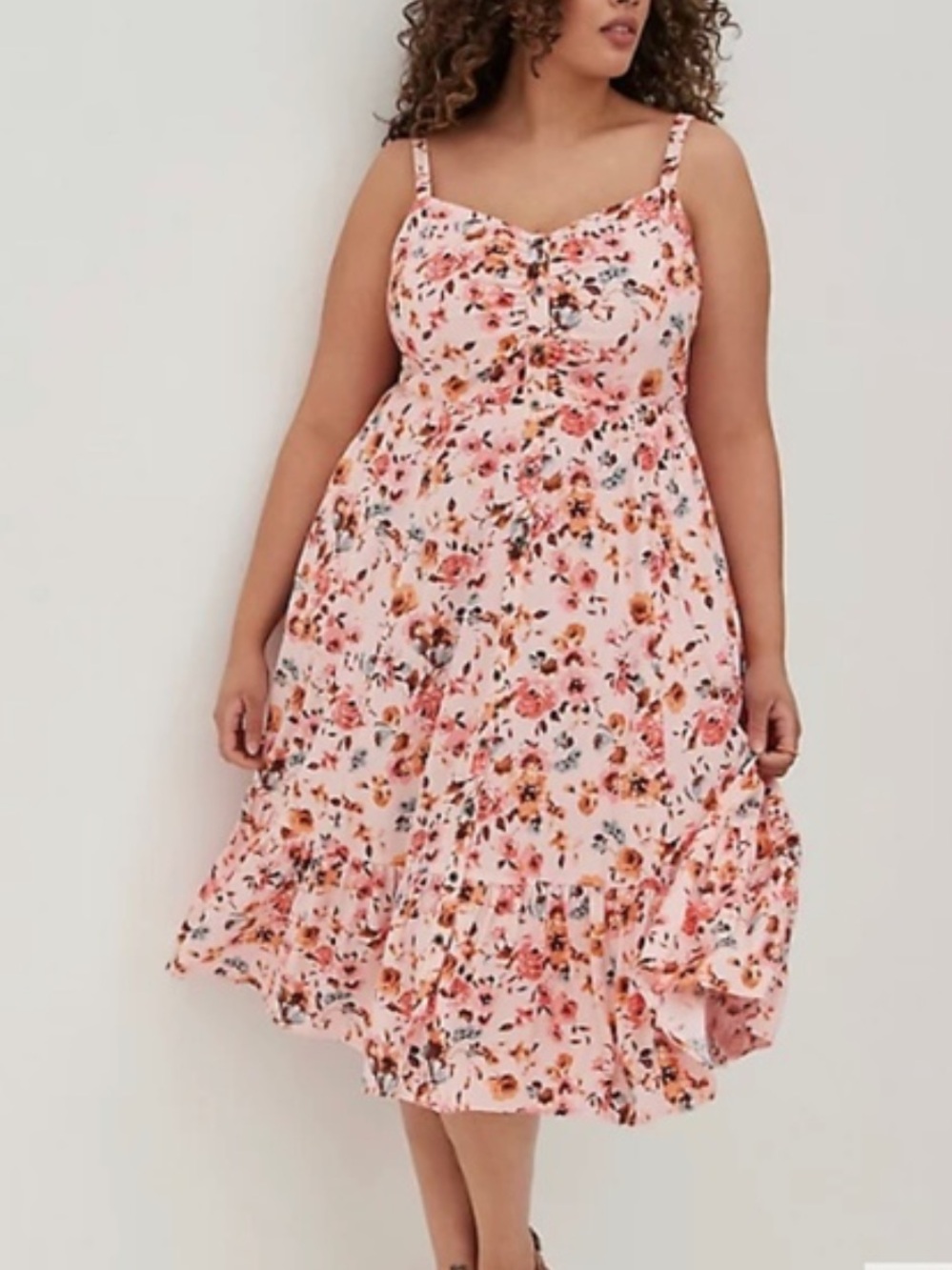 Torrid dress is a pink floral midi challis button-front skater dress